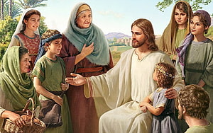 Jesus Welcoming Children and Women in a Serene Biblical Landscape HD wallpaper