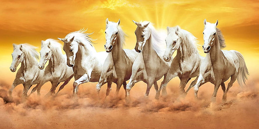 Seven White Horses Galloping Through Golden Dust in Dramatic Vastu Art HD wallpaper