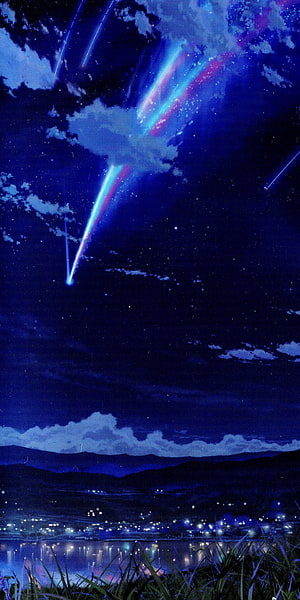 Your Name Anime Night Sky with Meteor Shower Over Lake and Distant City Lights HD phone wallpaper