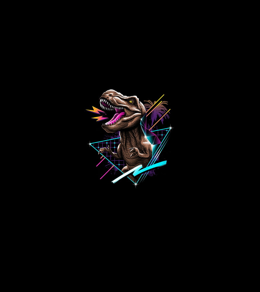 Retro Synthwave T-Rex Dinosaur Illustration with Neon Geometric Shapes on Black Background HD phone wallpaper