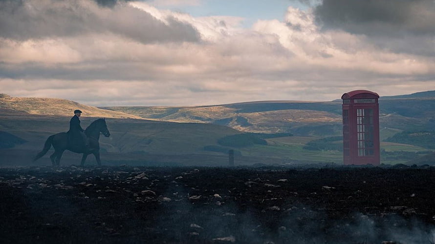 Peaky Blinders Rider on Horseback in Misty Moorscape with Red Telephone Box HD wallpaper