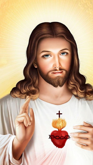 Sacred Sacred Heart of Jesus Religious Portrait with Divine Radiance and Crown of Thorns HD phone wallpaper