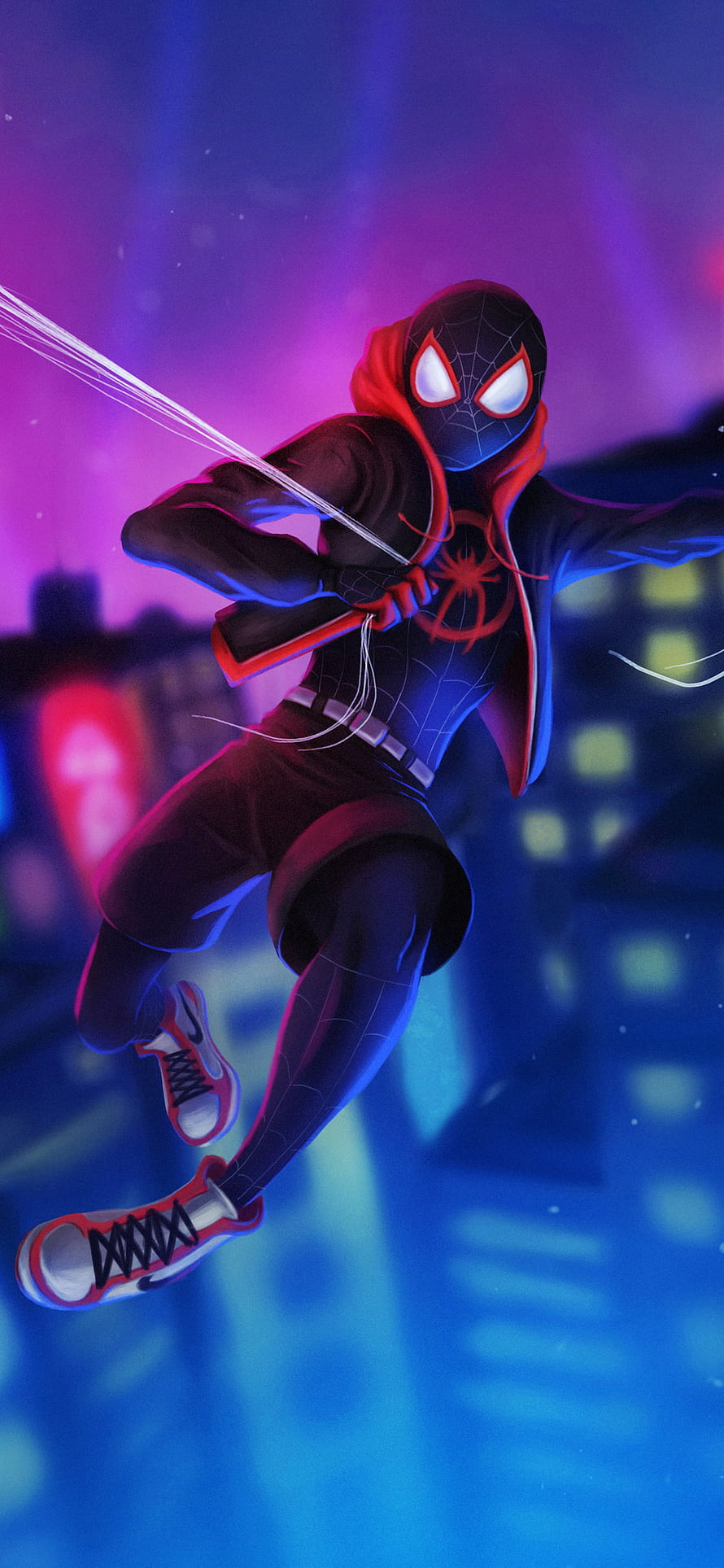 Miles Morales Spider-Man Swinging Through Neon Cityscape in Animated Style, Spiderman - Miles Morales X - , Spider Man HD phone wallpaper