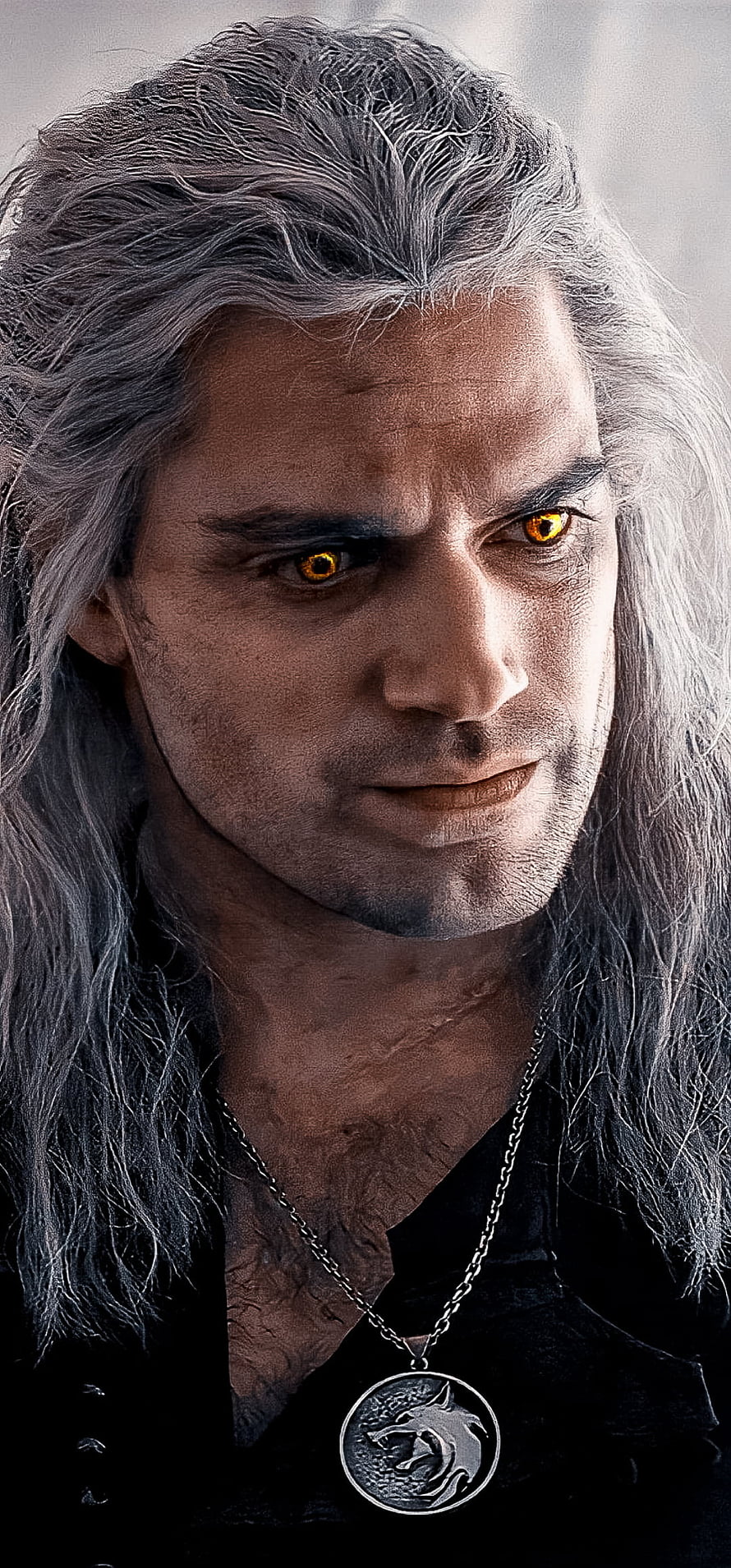 Geralt of Rivia Portrait with Glowing Amber Eyes and Wolf Medallion HD phone wallpaper