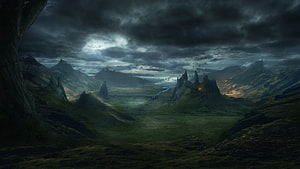 Dark Fantasy Medieval Landscape with Stormy Skies and Distant Castle HD wallpaper