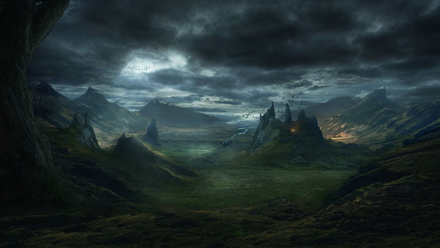 Dark Fantasy Medieval Landscape with Stormy Skies and Distant Castle HD wallpaper