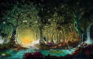 Mystical Enchanted Forest with Glowing Stream and Waterfall HD wallpaper