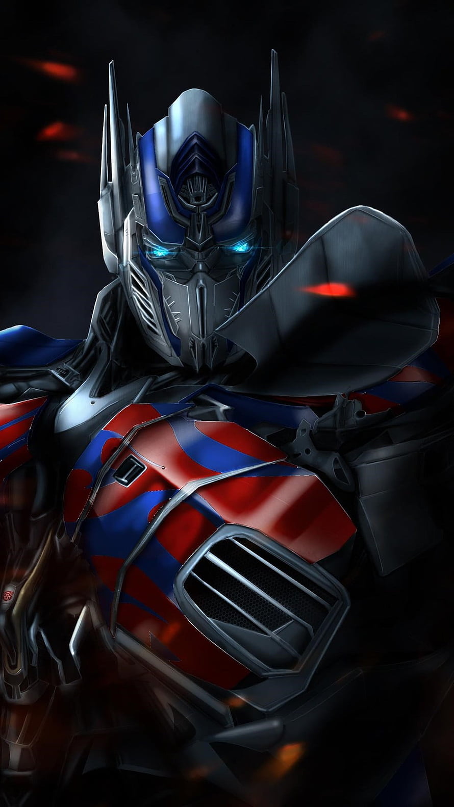 Optimus Prime Cinematic Portrait with Glowing Blue Eyes and Red Blue Armor HD phone wallpaper
