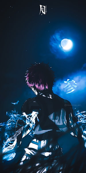 Akaza from Demon Slayer Standing Under a Glowing Full Moon with Blue Energy HD phone wallpaper