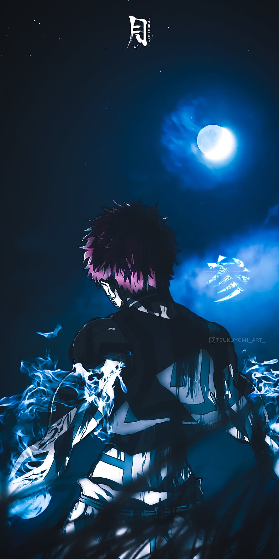 Akaza from Demon Slayer Standing Under a Glowing Full Moon with Blue Energy HD phone wallpaper