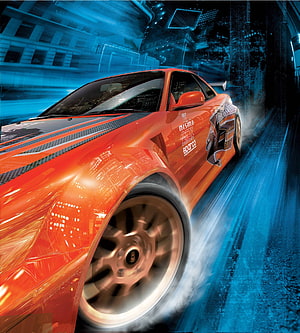 Need For Speed Underground 2 Orange Sports Car Drifting Through Neon City Streets HD phone wallpaper