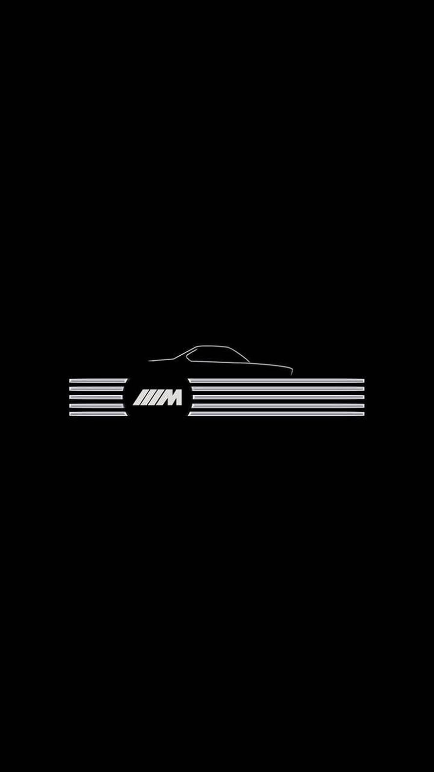 Minimalist BMW M Logo with Car Silhouette and Horizontal Lines on Black Background HD phone wallpaper
