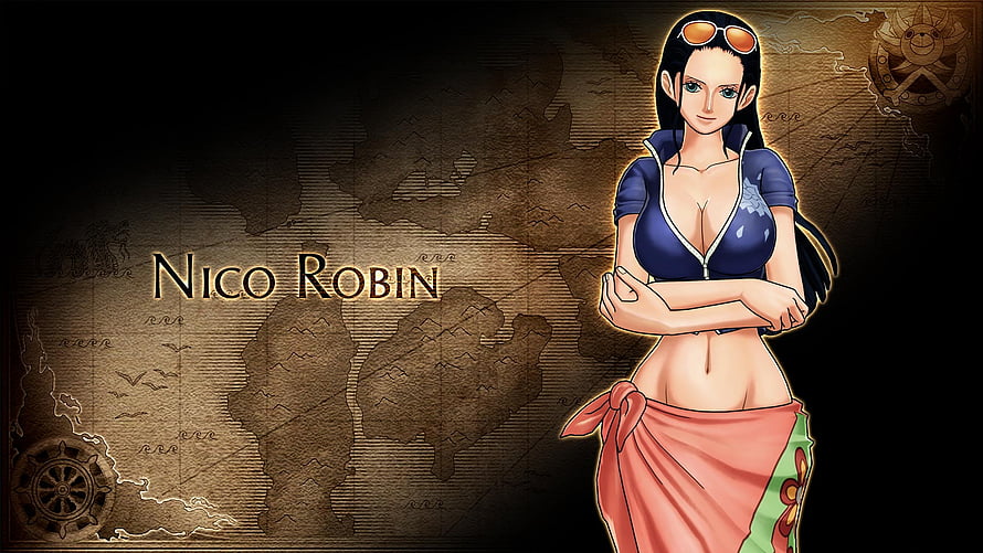 Nico Robin from One Piece Standing Before an Antique World Map HD wallpaper