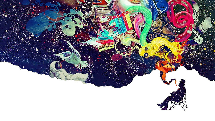 Surreal Mind Artwork Featuring Astronaut, Birds, and Cosmic Elements HD wallpaper