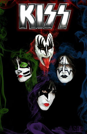 Kiss Rock Band Members in Iconic Face Paint with Colorful Smoke HD phone wallpaper
