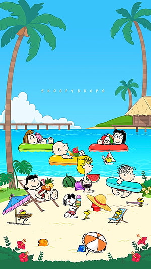 Peanuts Characters Enjoying a Tropical Beach Vacation with Snoopy and Woodstock HD phone wallpaper