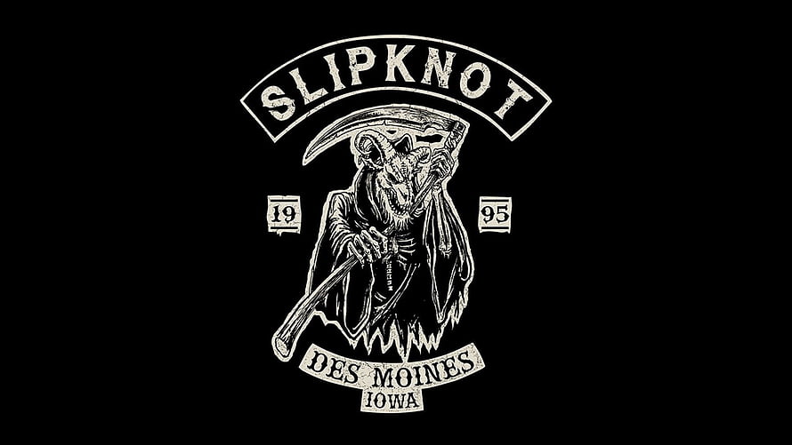 Slipknot Band Logo Featuring Grim Reaper Illustration and Des Moines Iowa Text HD wallpaper