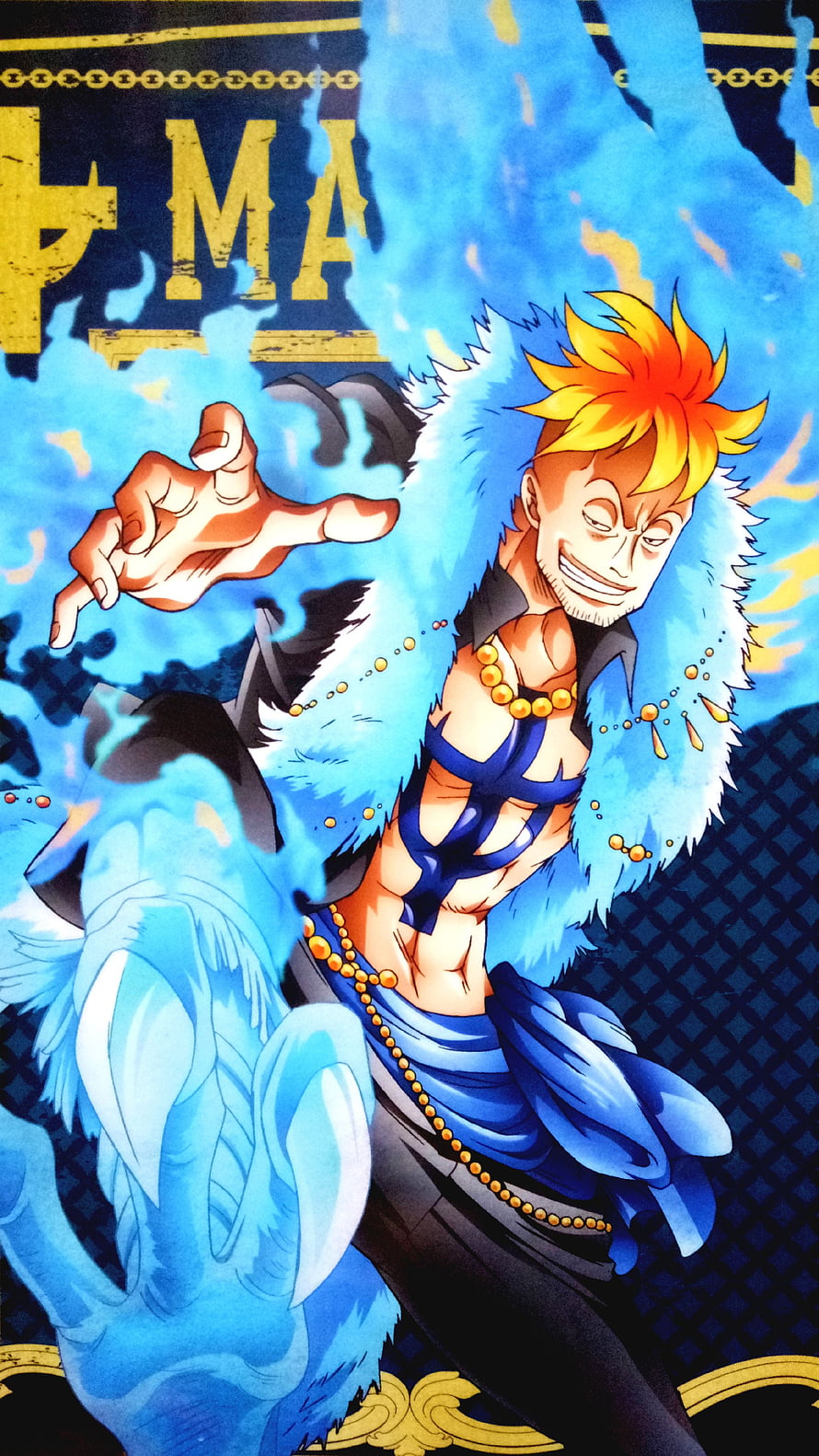 Marco the Phoenix from One Piece in a dynamic anime illustration with blue flames and fur coat HD phone wallpaper
