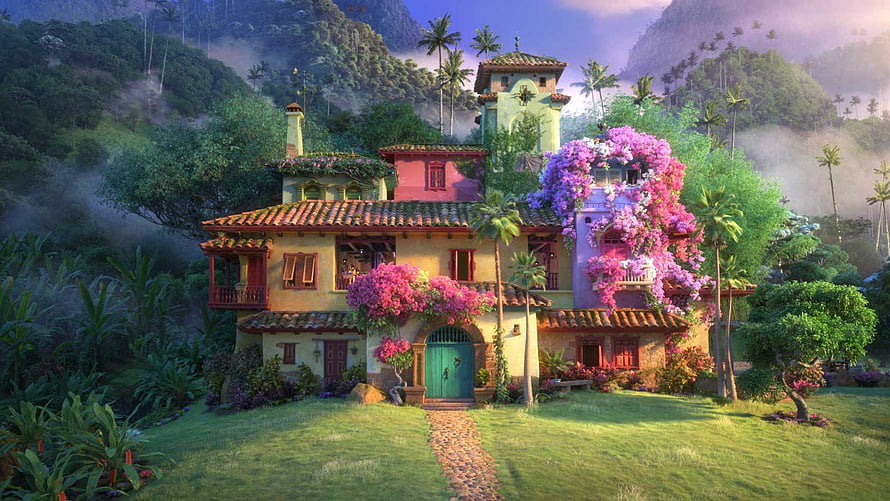 Casa Madrigal from Encanto: Vibrant Tropical Mansion with Blooming Bougainvillea and Lush Jungle Setting HD wallpaper