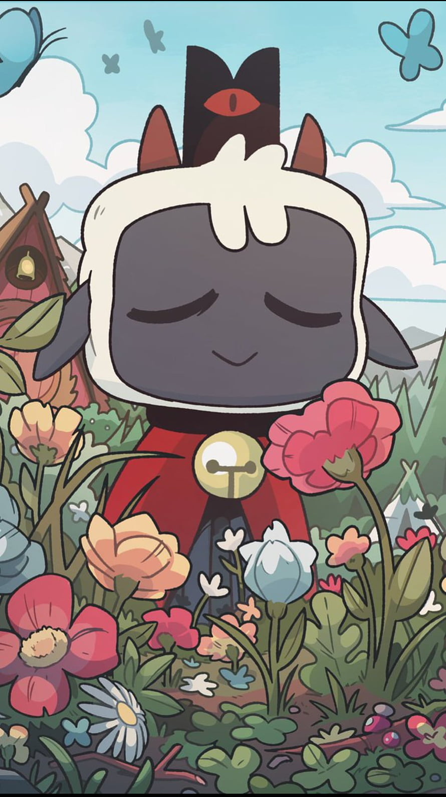 Cult of the Lamb character resting peacefully in a vibrant flower meadow with butterflies HD phone wallpaper