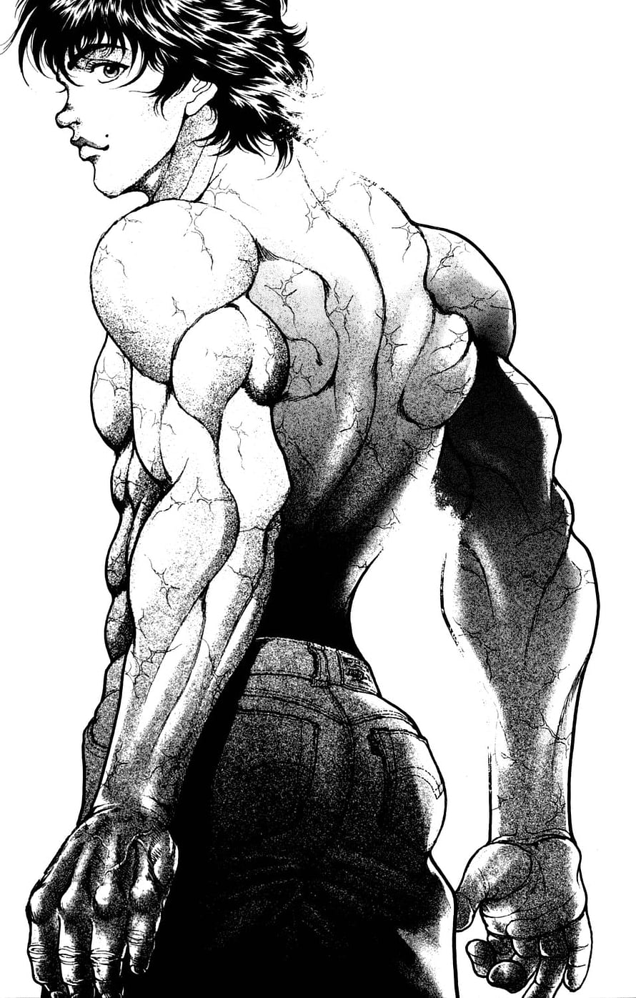 Baki Hanma Muscular Back View in Black and White Manga Style HD phone wallpaper