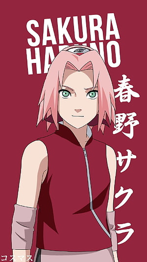Sakura Haruno Anime Portrait in Red Sleeveless Top with Konoha Headband HD phone wallpaper