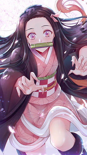 Nezuko Kamado in Pink Kimono with Bamboo Cuff from Demon Slayer Anime HD phone wallpaper