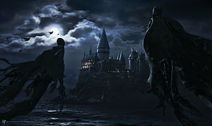 Hogwarts Castle at Night with Dark Silhouettes and Moonlit Sky HD wallpaper