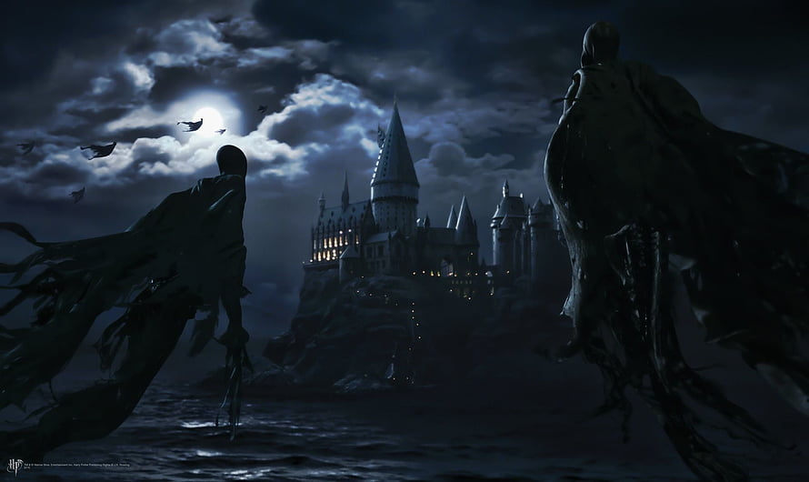 Hogwarts Castle at Night with Dark Silhouettes and Moonlit Sky HD wallpaper