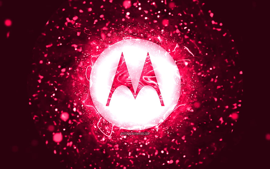 Glowing Motorola M Logo Set Against a Vibrant Pink Abstract Particle Background HD wallpaper