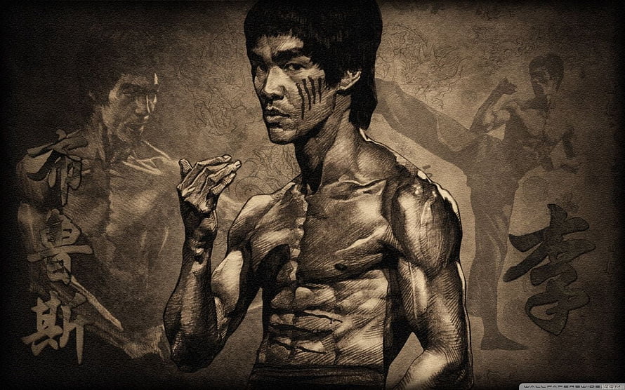 Bruce Lee Martial Arts Portrait in Sepia Sketch Style with Chinese Calligraphy HD wallpaper