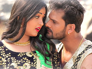 Kajal Raghwani and Khesari Lal Yadav in Romantic Bhojpuri Film Still HD wallpaper