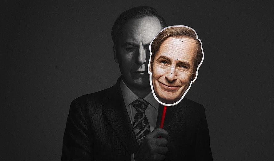 Better Call Saul promotional art featuring a man holding a character mask against a dark background HD wallpaper
