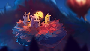Rain World Snakeling Creatures Gathered Around Glowing Orb in Dark Forest HD wallpaper