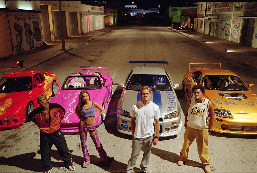 Fast and Furious Movie Still Featuring Paul Walker and Cast with Modified Sports Cars HD wallpaper