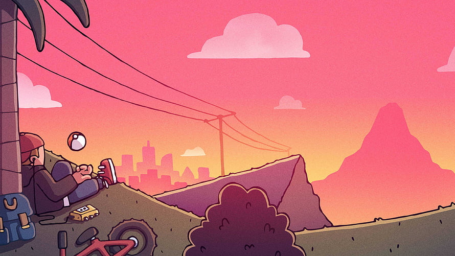 Relaxed Cartoon Character Enjoying Sunset View Over City and Mountains HD wallpaper