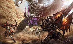 Monster Hunter World Iceborne: Hunters Battle a Massive Winged Dragon in a Dusty Arena HD wallpaper