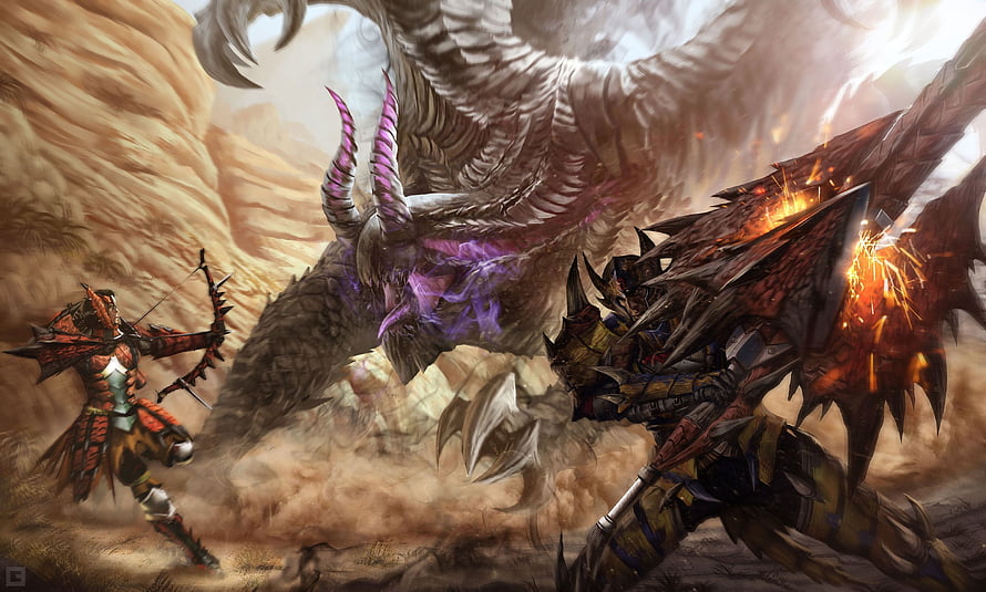 Monster Hunter World Iceborne: Hunters Battle a Massive Winged Dragon in a Dusty Arena HD wallpaper