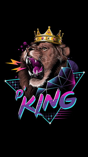 Roaring Lion King Wearing Golden Crown With Neon Geometric Star Design HD phone wallpaper