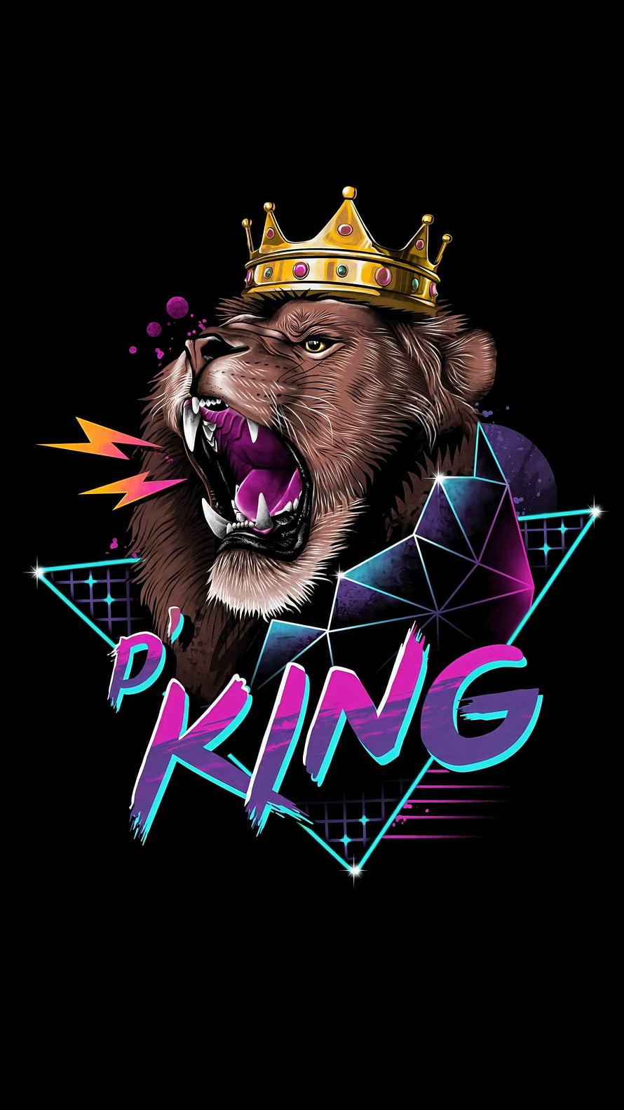 Roaring Lion King Wearing Golden Crown With Neon Geometric Star Design HD phone wallpaper