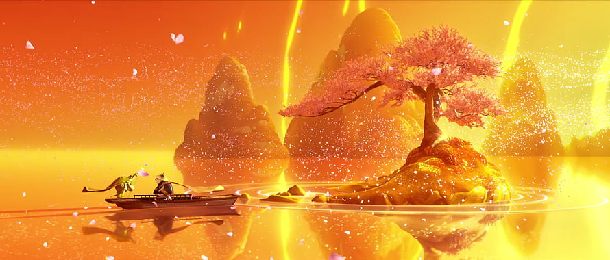 Master Oogway Rowing a Boat Past a Cherry Blossom Island in Kung Fu Panda HD wallpaper