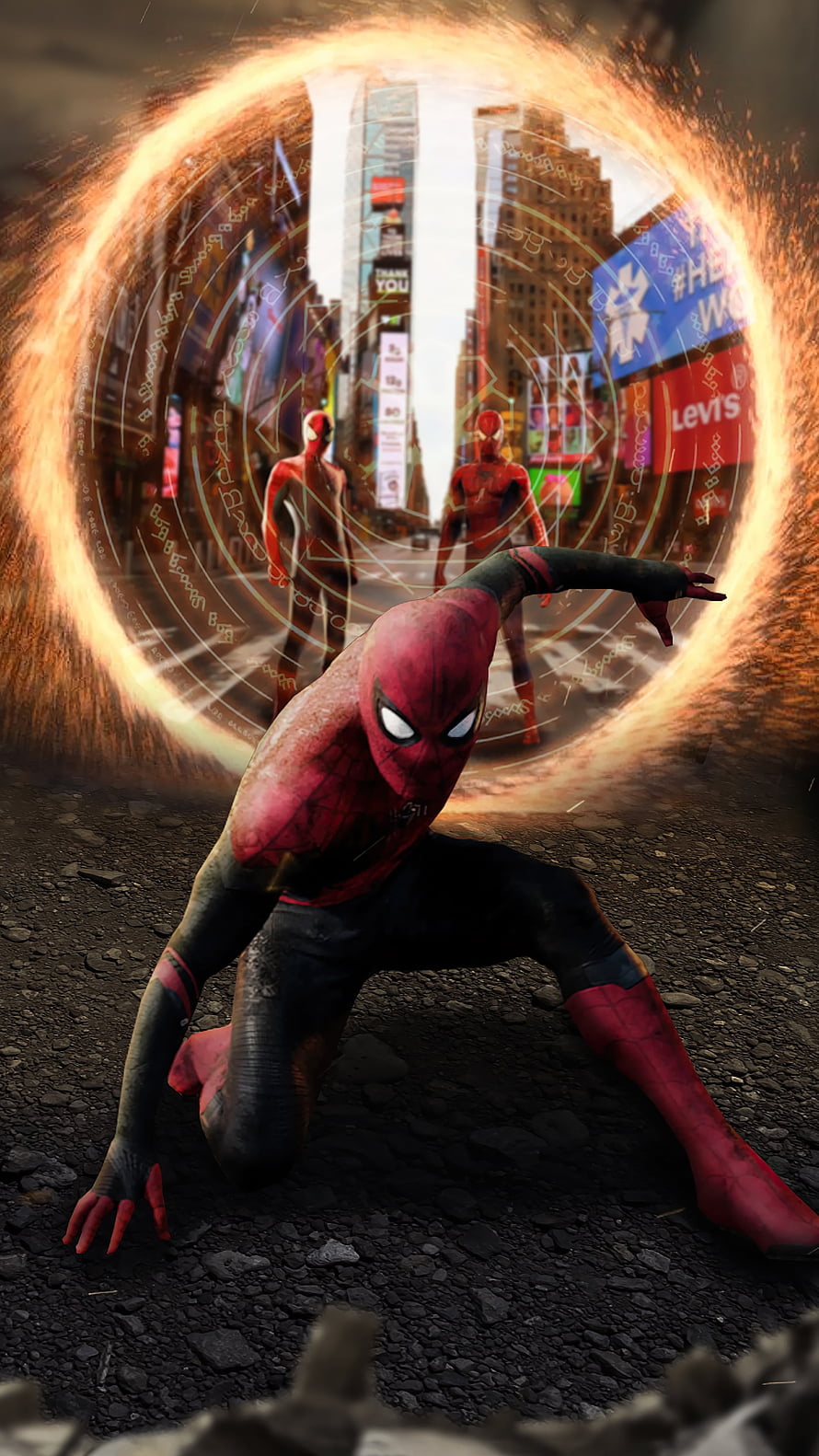 Spider-Man No Way Home Multiverse Portal Scene With Multiple Spider-Men In Times Square HD phone wallpaper