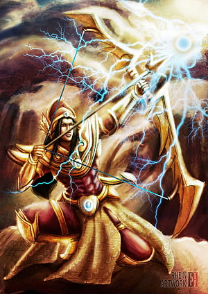 Arjuna Drawing Lightning-Filled Bow in Golden Armor Fantasy Illustration HD phone wallpaper