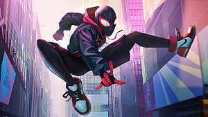 Miles Morales Spider-Man Swinging Through Vibrant Cityscape in Dynamic Action Pose HD wallpaper