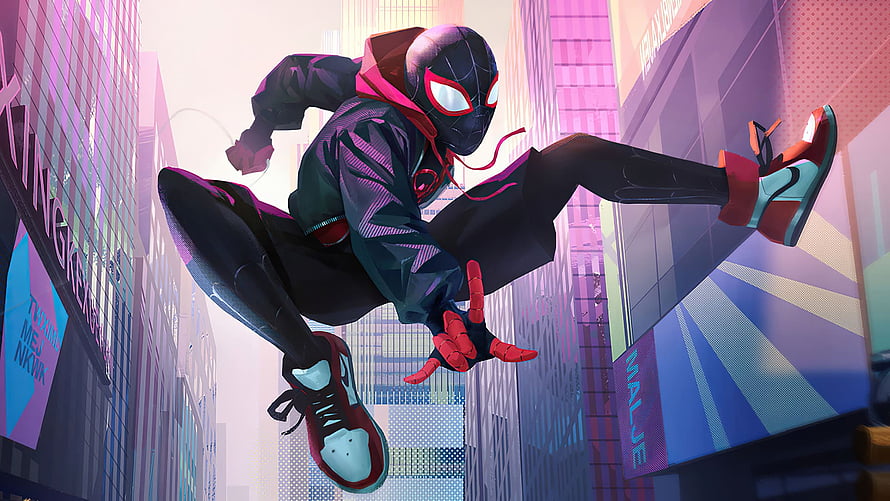 Miles Morales Spider-Man Swinging Through Vibrant Cityscape in Dynamic Action Pose HD wallpaper