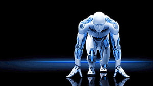 Futuristic humanoid robot in crouched pose with glowing blue accents on dark reflective surface HD wallpaper