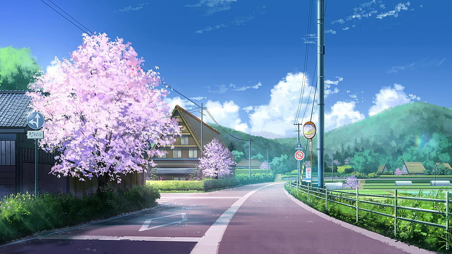 Anime Countryside Road with Cherry Blossoms and Traditional Japanese House HD wallpaper