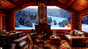 Cozy Log Cabin Living Room With Stone Fireplace And Snowy Forest View HD wallpaper