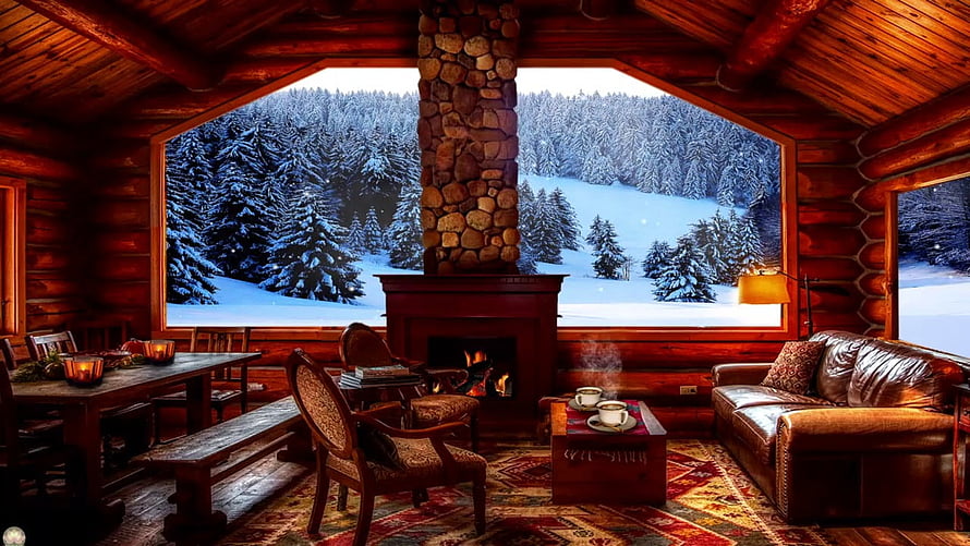 Cozy Log Cabin Living Room With Stone Fireplace And Snowy Forest View HD wallpaper