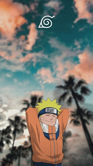 Naruto Uzumaki Relaxing Under a Dramatic Sky with Palm Trees and Hidden Leaf Symbol HD phone wallpaper